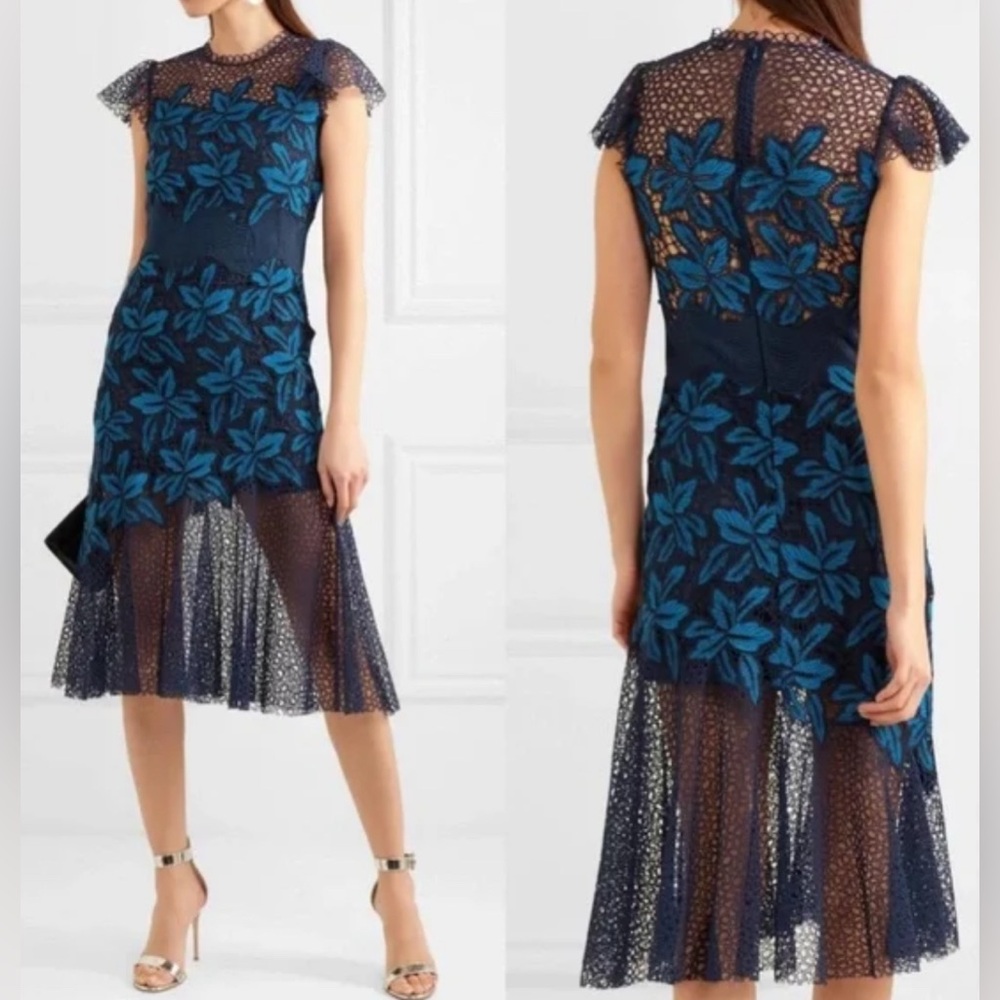 SEA NEW YORK 'MOSAIC GUIPURE CROCHET LACE MIDI DRESS' IN BLUE